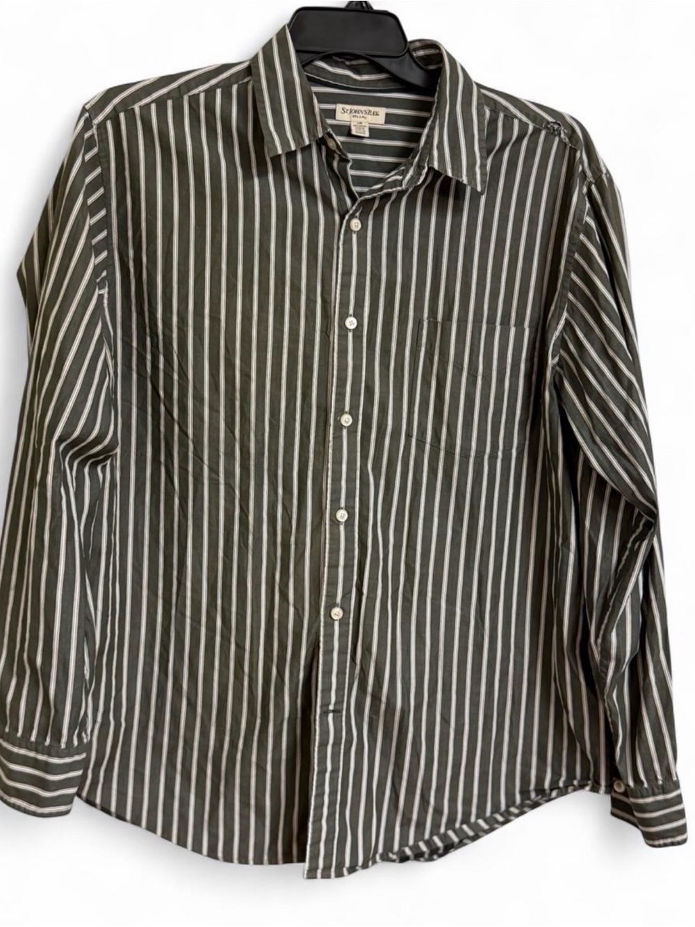 St. John’s Bay Olive Green and White Striped Men’s Button-Up Shirt